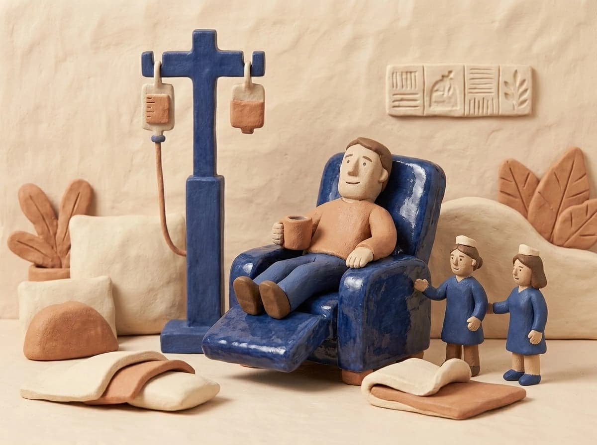 Patient receiving infusion therapy in a comfortable clinical setting