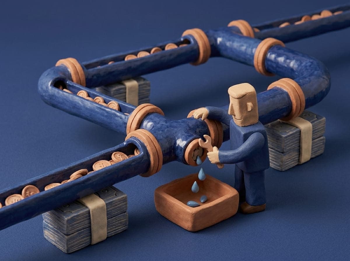 Pipes and coins representing pharmacy revenue cycle leakage and recovery